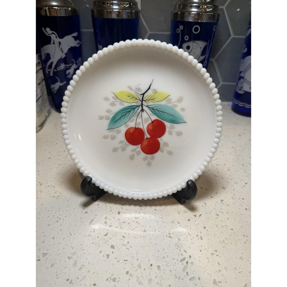 Westmoreland Beaded Edge Hand Painted Cherry Fruit Plate Milk Glass